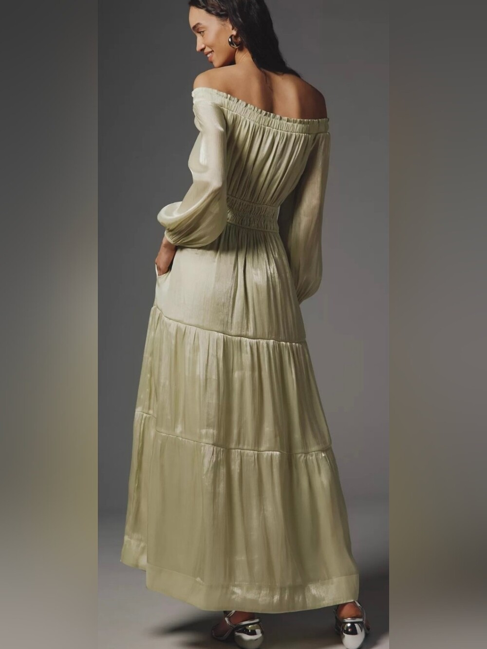 Anthropologie Somerset Pale Green Off-Shoulder Maxi Dress - Picture 2 of 4